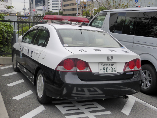 Ein Polizeiauto neben einem weißen Van auf einem eingezäunten Parkplatz mit Bäumen, Schildern, Straßenlaternen, Ampeln und umliegenden Gebäuden unter einem bewölkten Himmel.