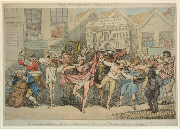 Ein lebendiger Poster mit einer lebhaften Zeichnung von Menschen, die in einem Kreis tanzen, mit leuchtenden Farben und dynamischen Posen, hängt an einer Wand.