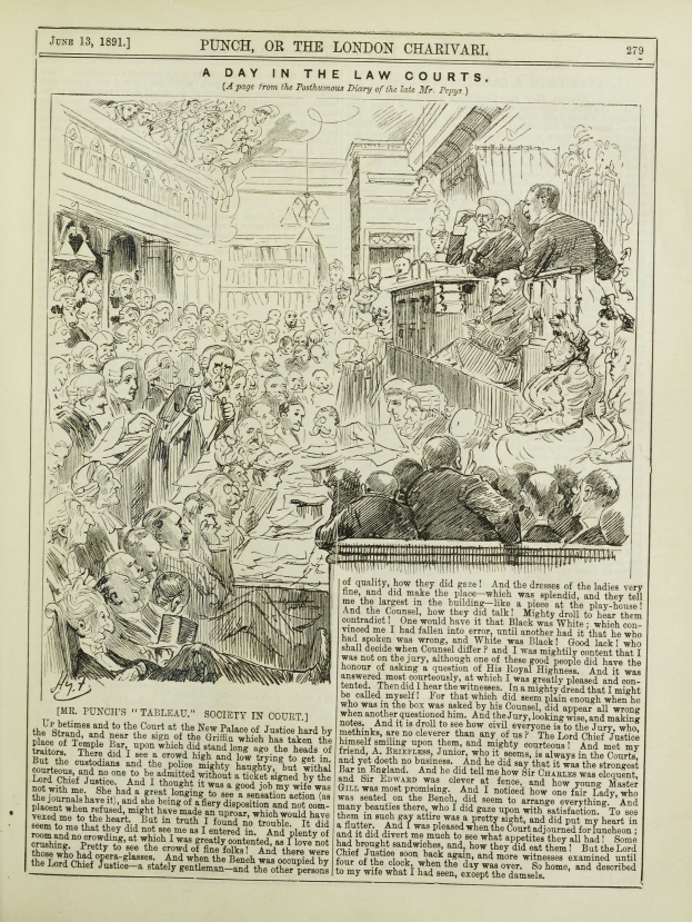 Offenes Buch mit einer Illustration einer Gerichtsszene, die eine diskutierende Menge zeigt, mit Text und Bildern auf der zentralen Seite.