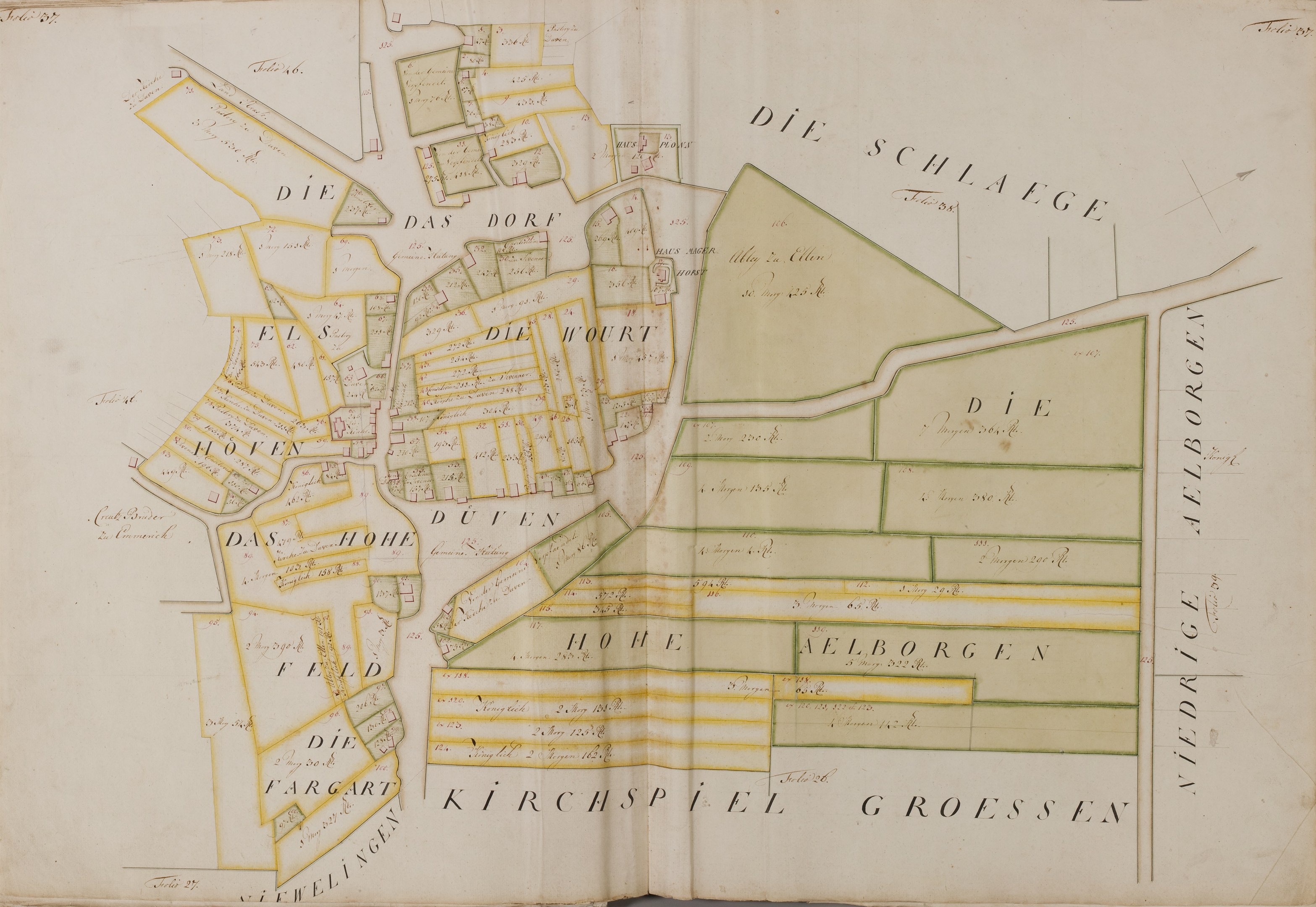 Ein altes Buch mit einer detaillierten Karte von Hamburg, Deutschland, das Straßen, Gebäude und Sehenswürdigkeiten zeigt und von Text begleitet wird, der Informationen über die Stadt enthält.