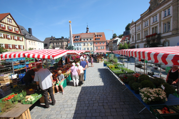 Ein belebter Markt im Heidelberger Altstadt mit Menschen, die spazieren gehen, auf Bänken sitzen und um Zelte stehen, mit Gemüsekörben auf Tischen, Gebäuden mit Fenstern, Bäumen und einem klaren blauen Himmel.