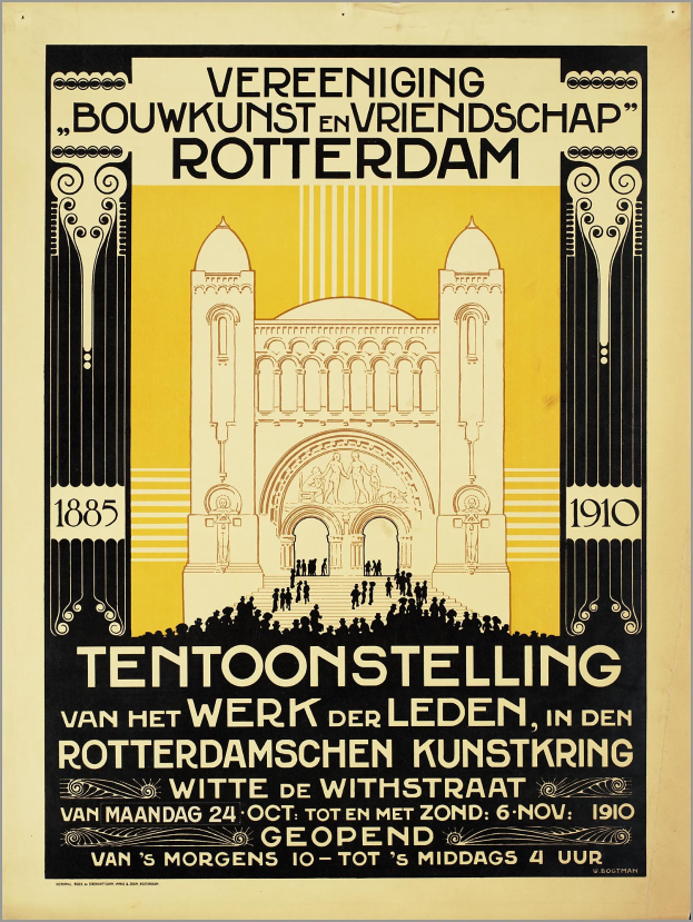 Plakatwerbung für ein Konzert in Rotterdam, Niederlande, mit einem Bild eines Gebäudes und Veranstaltungshinweisen.