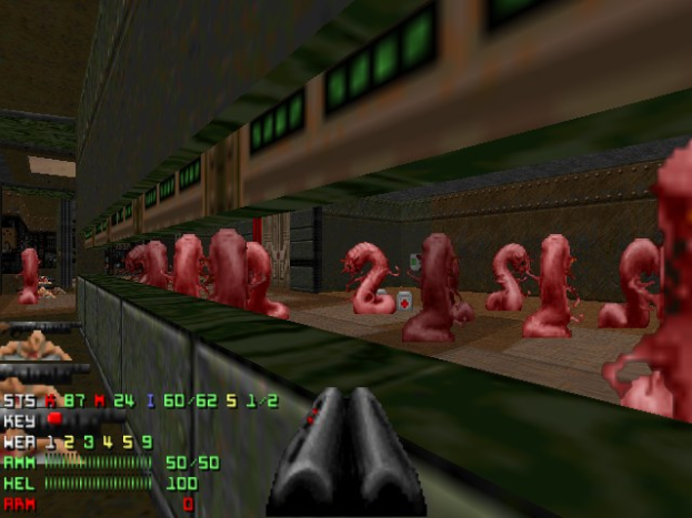 Animierter Screenshot aus *Doom II*, der mehrere Zombies in einem Raum, eine Waffe unten und Statusinformationen (Gesundheit, Munition usw.) links zeigt.