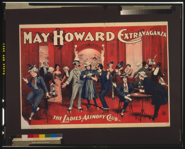 Plakat f"ur das May Howard Extravaganza im Ladies Alimony Club, das eine Gruppe von Menschen um Tische versammelt zeigt.