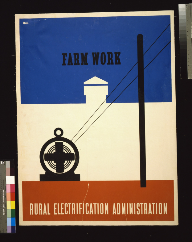 Plakat mit fetter schwarzer Schrift "Landwirtschaftliche Arbeit Stromversorgung" auf weißem Hintergrund, umrandet von einem schmalen schwarzen Rand, mit einer Grafik eines Bauernhofs mit einem Traktor und einem Stall.