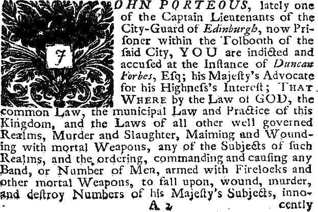 Schwarzes und weißes Bild eines historischen Dokuments, das John Porteous von Edinburgh beschuldigt, mit einem Mann in Anzug und Krawatte.