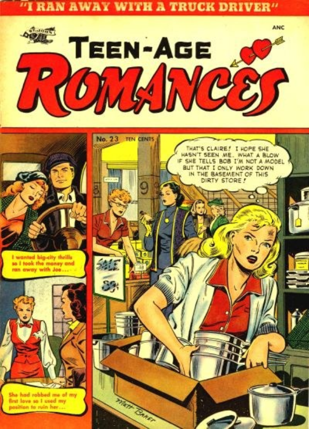 Ein farbenfroher DC-Comics-Plakat titled 'Teen-Age Romances 23-A', das eine strahlende Gruppe von Menschen in einer romantischen Umarmung zeigt.