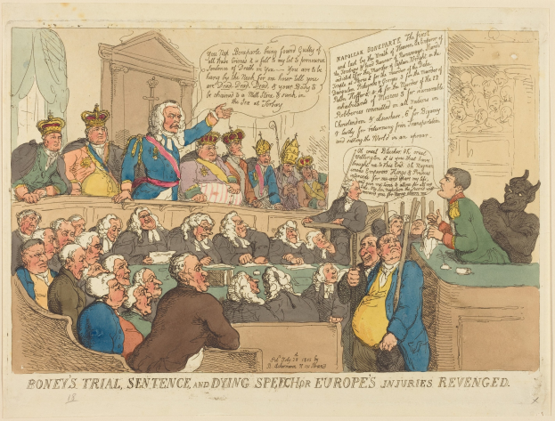 Cartoon-Illustration einer Gerichtsszene mit dem Titel "Boney's Trial, Sentence, and Dying Speech Europe's Injuries Revenged", die eine zentrale stehende Person und sitzende Figuren mit einem Tisch voller Gegenstände auf der rechten Seite zeigt.