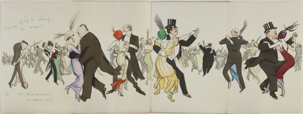 Ein Buchumschlag mit einer illustrierten Stadtansicht mit Gebäuden, Fahrzeugen, Menschen, einem Brunnen und Text.