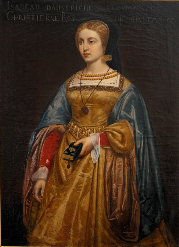 Gemälde von Isabella daustriche in einem goldenen Kleid mit detaillierten Verzierungen, Haar zu einem Knoten gebunden, majestätisch mit einem seren expression, von Christierne Roy.