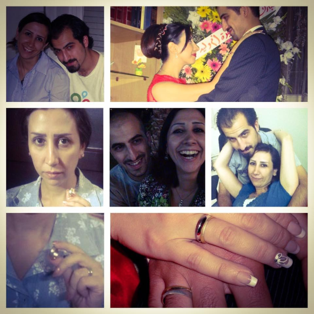 Eine Collage von Fotos, die einen Mann und eine Frau mit Eheringen zeigen, umgeben von Blumenschmuck und Dekorationsgegenständen.