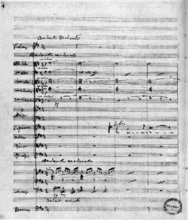 Schwarze und weiße Notenblätter für Johann Sebastian Bachs Symphonie Nr. 4 in G-Dur, Op. 63 mit einem Stempel in der rechten unteren Ecke.