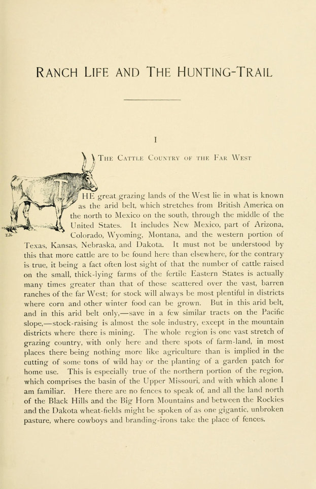 Ein aufgeschlagenes Buch mit einer realistischen Zeichnung einer Kuh und der überschrift "Ranch Life and the Hunting-Trail" in fetter Schrift.