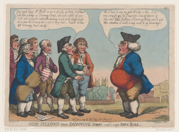 Cartoon-Illustration einer Gruppe von Menschen vor einem Gebäude, Bäumen und einem Himmel mit Text unten, der "odd fellows from downing street complaining to John Bull" lautet.
