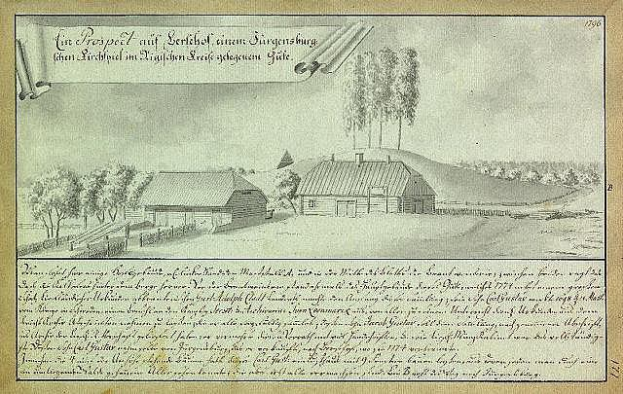 Ein verblichenes historisches Dokument, das eine Farm in Surgensburg, Deutschland, mit Häusern, Bäumen und Himmel zeigt, beschriftet mit "Surgensburg, Deutschland - Landschaft einer Farm."