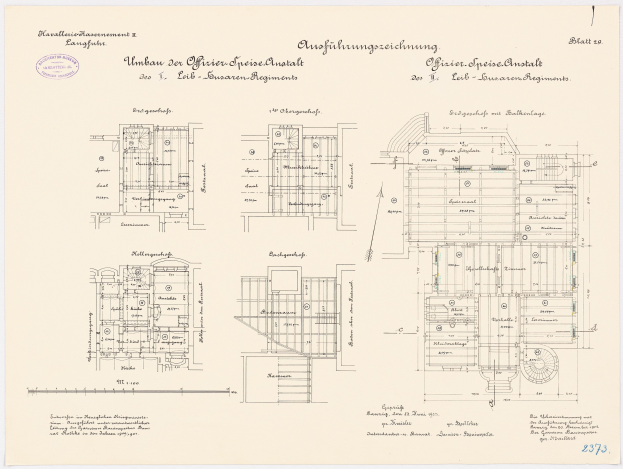 Ein detaillierter architektonischer Grundriss des ehemaligen Büro des deutschen Bundeskanzlers, der den Gebäudeaufbau mit Text und Zeichnungen zeigt.