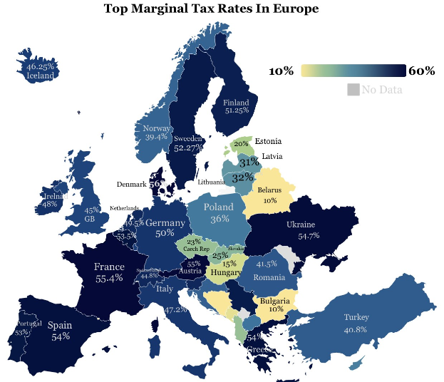 Eine Europakarte mit Farben, die die Spitzensteuersätze pro Land anzeigen, mit der Überschrift "Spitzensteuersätze in Europa."