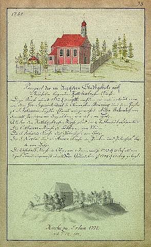 Ein 1777 deutsches Schulbuch mit einer Abbildung eines roten Hauses umgeben von Bäumen und einem Zaun.