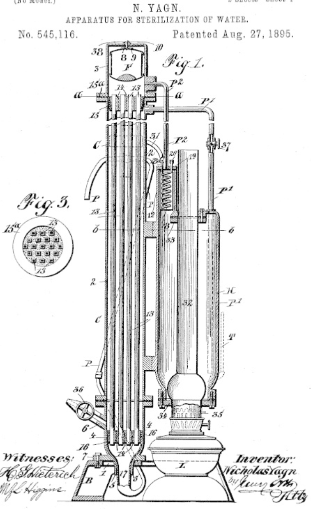 Patentzeichnung einer Vorrichtung zum Sterilisieren von Wasser, beschriftet mit 'Vorrichtung zur Sterilisation von Wasser', mit detaillierten technischen Texten und Diagrammen auf einem weißen Hintergrund.