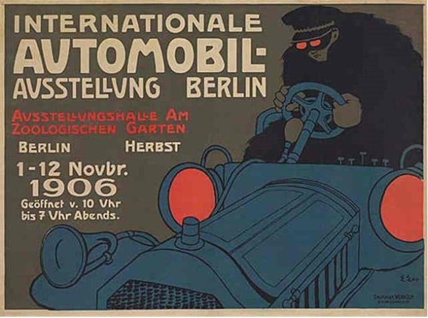 Plakat für eine internationale Automesse in Berlin mit einem Cartoon-Fahrer in einem Auto.