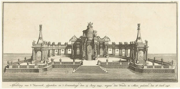Eine Zeichnung von einem Brunnen in einem Gewässer umgeben von Skulpturen, Treppen und Geländern mit der Inschrift "Abbelding van & Nuurwerk, afgertaken in 'Groenhage' op 13 juni 1749" am unteren Rand.