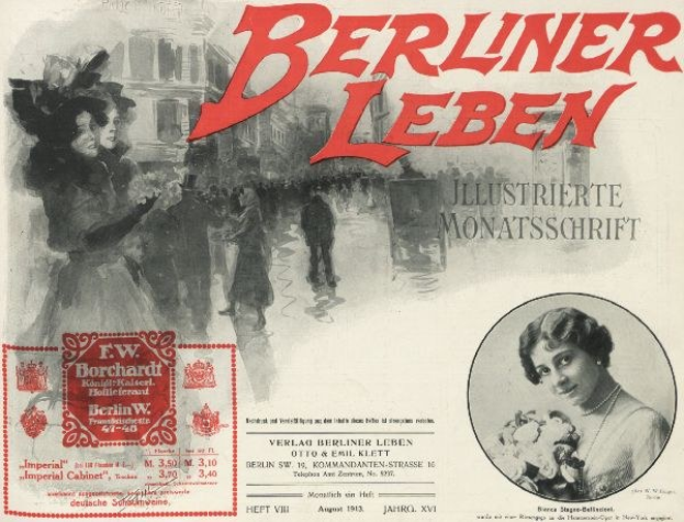Werbeplakat für den Film "Berliner Leben", das eine Gruppe von Menschen vor einem Gebäude zeigt, mit Text, der den Film und seine Charaktere beschreibt.