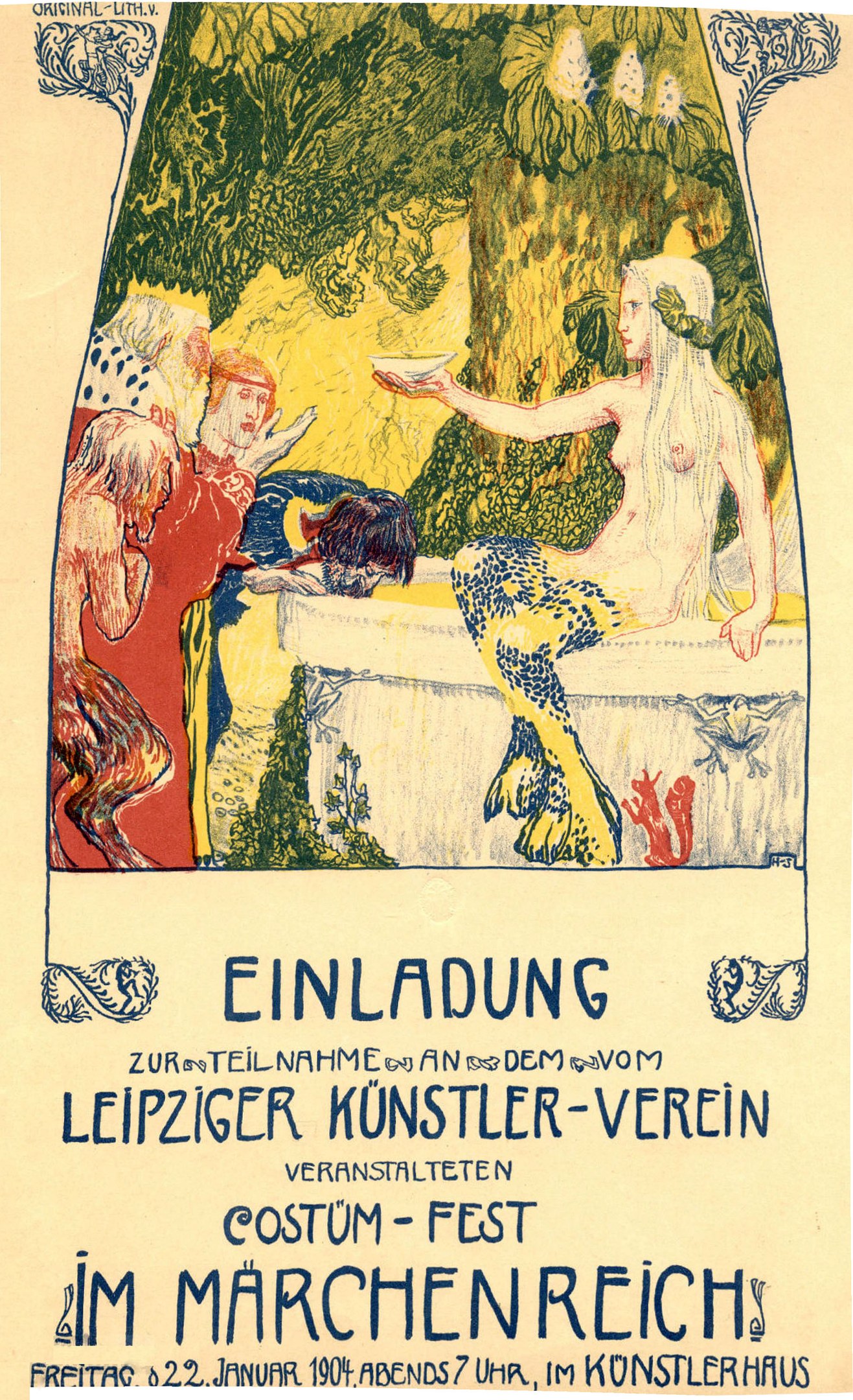Plakat für ein Festival in München, Deutschland, mit einem Bild einer Frau mit einem menschlichen Gesicht umgeben von Menschen und Bäumen, mit Text.
