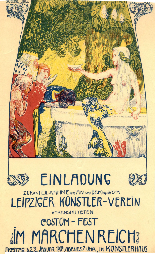 Plakat für ein Festival in München, Deutschland, mit einem Bild einer Frau mit einem menschlichen Gesicht umgeben von Menschen und Bäumen, mit Text.
