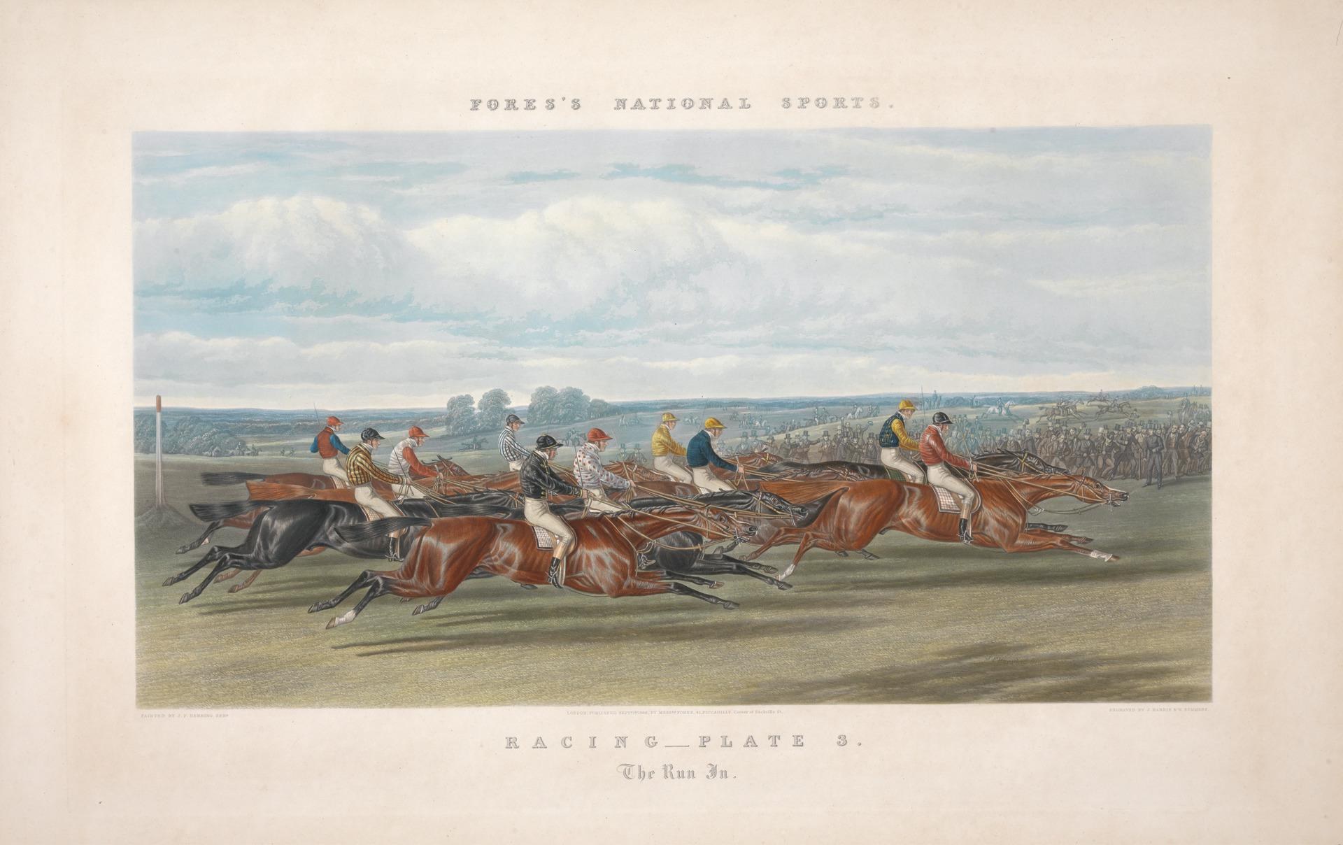 Gemälde von Reitergruppen auf einer Rennbahn mit Bäumen und Wolken im Hintergrund, unten mit 'Racing Plate 3: The Run 3' beschriftet.