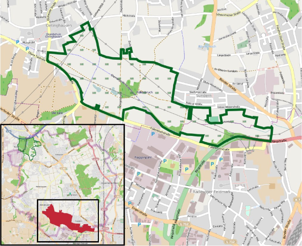 Eine detaillierte Karte von Berlin mit einer prominenten grünen Linie, die den proposed route anzeigt, mit Straßen, Parks und Sehenswürdigkeiten.
