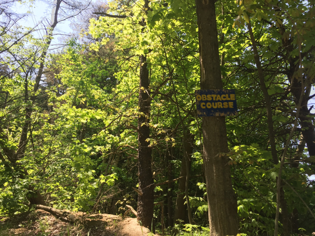 Ein Schotterweg in einem Waldgebiet, der von einem Schild mit der Aufschrift 'Hindernislauf' markiert ist, umgeben von Bäumen auf beiden Seiten und einem sichtbaren Himmel im Hintergrund.