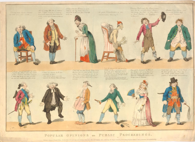 Eine Zeitung mit Bildern von Menschen und handgeschriebenem Text, der öffentliche Meinungen zu Gerichtsverfahren zusammenfasst.