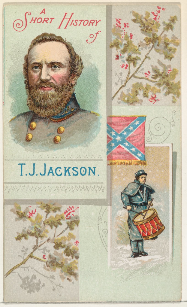 Plakat des Konföderierten-Generals T.J. Jackson mit einem zentralen Porträt umgeben von Bildern von Bäumen, einer Flagge und Text.