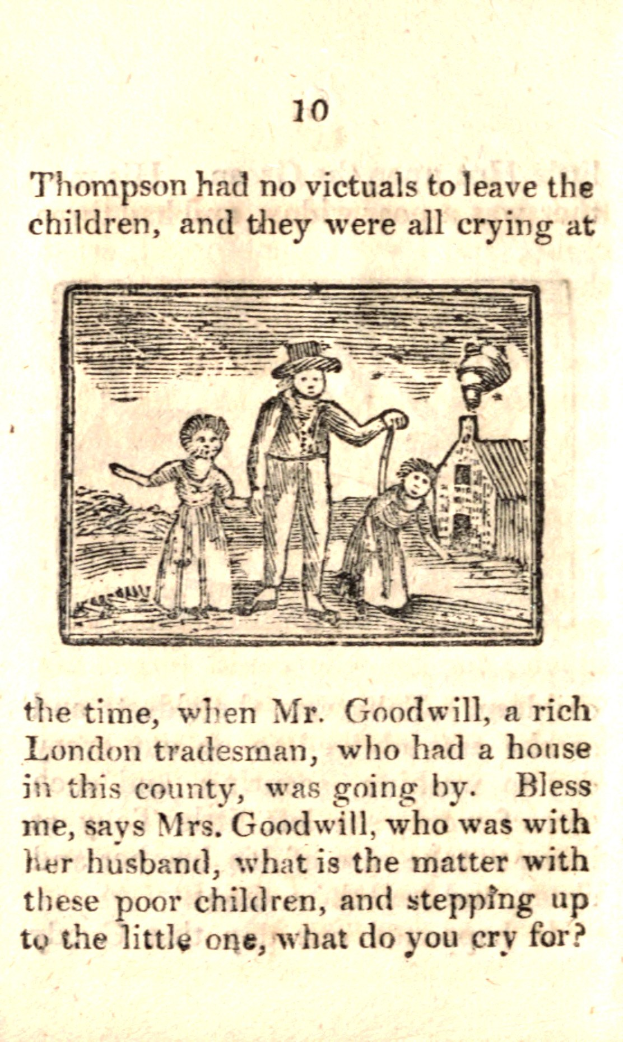 Ein Blatt Papier mit einer Zeichnung eines verzweifelten Mannes, der zwei weinende Kinder hält, begleitet von handgeschriebener Text, der besagt: "Thompson hatte keine Opfer, um die Kinder zu lassen, und sie weinten alle zu dieser Zeit."