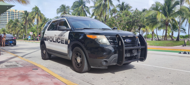 Polizeiauto auf dem Seitenstreifen geparkt mit Menschen, Fahrrädern, Gras, Bäumen, Gebäuden und einem klaren blauen Himmel im Hintergrund; das Vorderrad ist sichtbar.