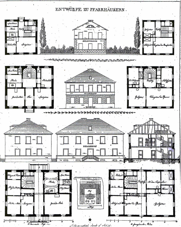 Schwarze und weiße architektonische Zeichnung eines Hauses mit zahlreichen Fenstern, betitelt "Entwürfe für ein Haus in Deutschland", umgeben von Bäumen.