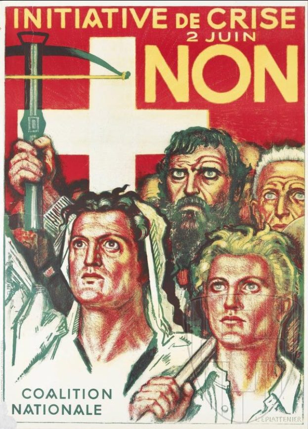 Plakat der Coalition Nationale, einer nicht-regierungsähnlichen Initiative, mit einer Gruppe von Menschen, die einen Hammer und eine Sichel halten, und einem Text, der Informationen über die Organisation enthält.
