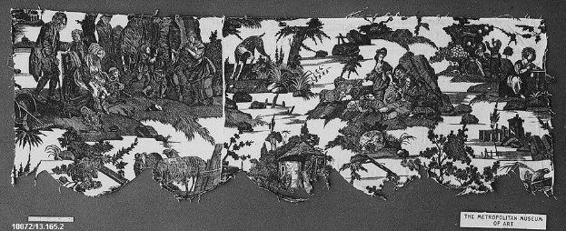 Schwarz-weiß-Zeichnung einer Gruppe von Menschen in einem Wald mit Bäumen und Pflanzen im Hintergrund, signiert "The Metropolitan Museum of Art" unten.