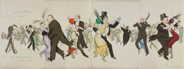 Ein aufgeschlagenes Buch mit einer Zeichnung von Menschen in bunten Kostümen, die unter einem hellblauen Himmel mit weißen Wolken tanzen, mit dem Text 'Les Vendredières de Magic City' auf der linken Seite.