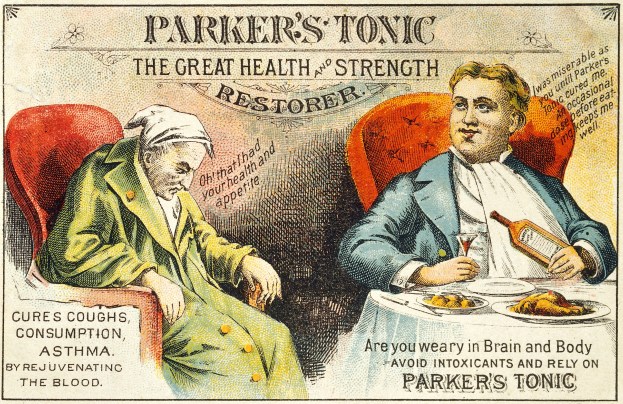 Werbung für Parker's Tonic mit zwei Personen an einem Tisch mit Essen, eine Person hält eine Flasche und ein Glas, sowie Werbetext.