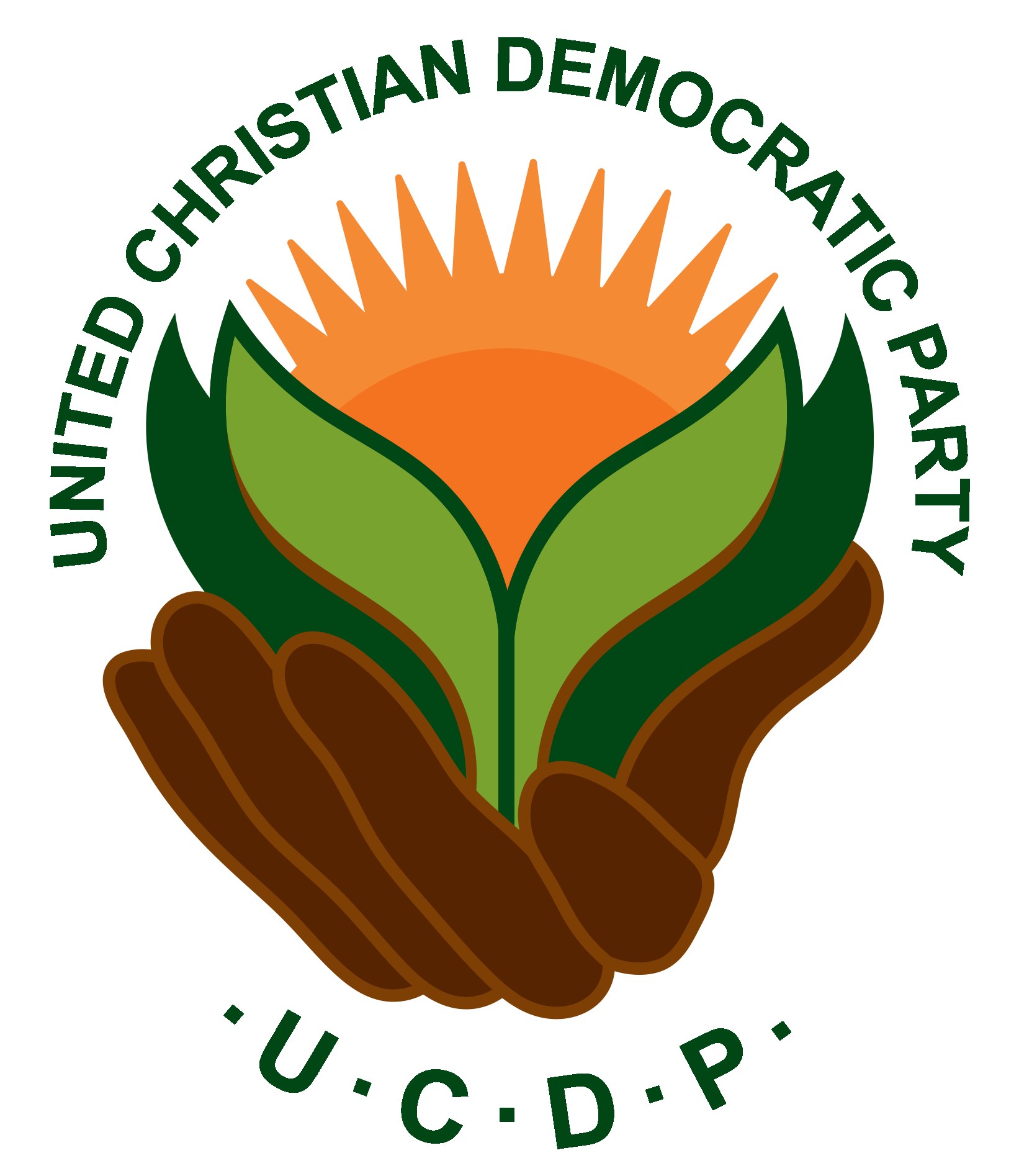 Logo der Vereinigte Christdemokratische Partei (UCDP): eine Hand, die eine hellgelbe Blume mit grünem Stiel und Blättern hält, mittig in einem blauen und gelben Kreis auf einem weißen Hintergrund platziert, mit dem Text "UCDP" in fetter schwarzer Schrift darunter.