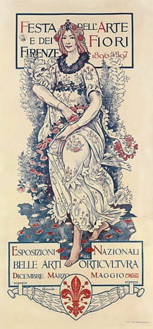 Ein Festivalplakat in Italien, das eine Frau in einem wallenden weißen Kleid mit hohem Kragen und langen Ärmeln zeigt, deren Haar zu einem Dutt gebunden ist, vor einem hellblauen Hintergrund mit fetter schwarzer Schrift.