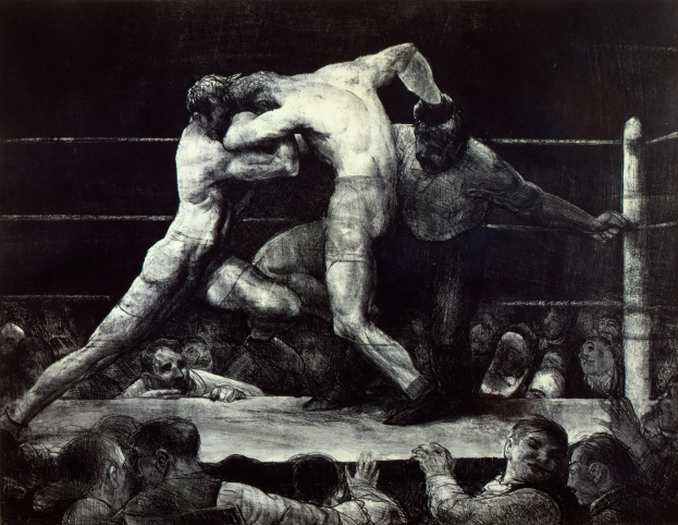 Schwarze und weiße Zeichnung von zwei Boxern in einem Ring, einer schlägt zu, während der andere sich verteidigt, mit einer jubelnden Menge im Hintergrund.