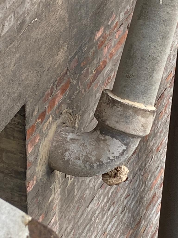 Nahaufnahme eines Metallrohrs an einer Gebäudefassade mit Reparaturwerkzeugen und Materialien in der Nähe