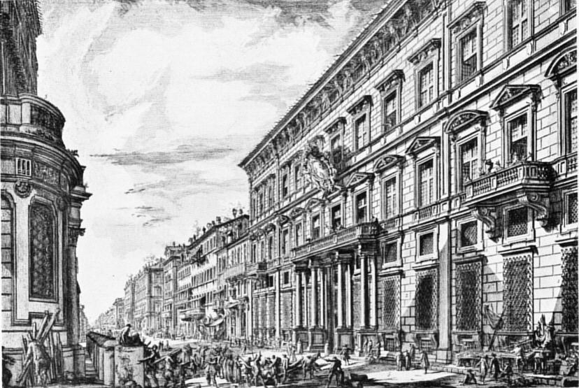 Schwarze und weiße Zeichnung einer belebten Stadtstraße mit Fußgängern, Gebäuden, Säulen und Skulpturen unter einem bewölkten Himmel, mit Text unten, der New York-bezogene Begriffe auflistet.
