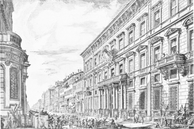 Schwarze und weiße Zeichnung einer belebten Stadtstraße mit Fußgängern, Gebäuden, Säulen und Skulpturen unter einem bewölkten Himmel, mit Text unten, der New York-bezogene Begriffe auflistet.