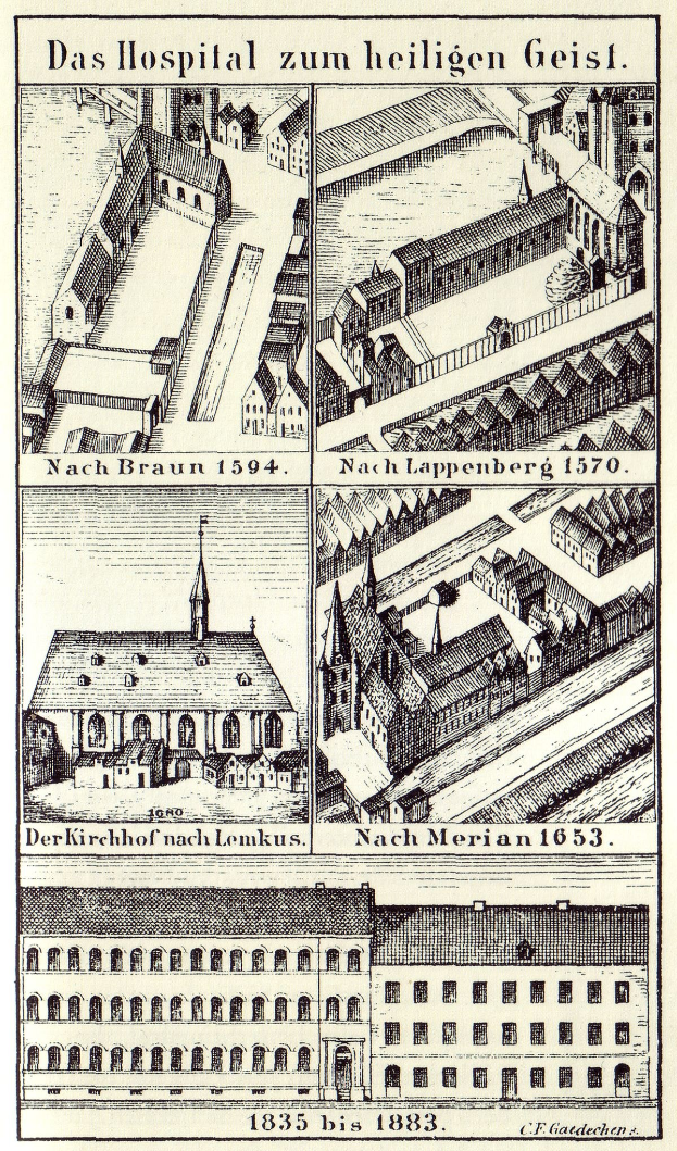 Ein Plakat mit einer detaillierten Zeichnung eines deutschen Krankenhausgebäudes mit umliegenden Strukturen und informativem Text.