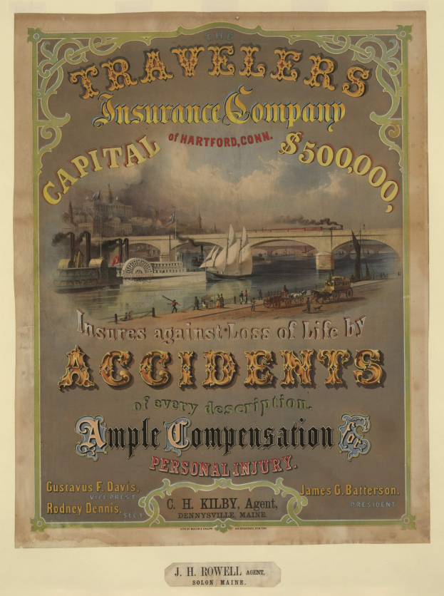 Werbeplakat für die Traveler's Insurance Company of Hartford, Connecticut, mit Booten, einer Brücke und Gebäuden sowie Texten, die Reiseversicherungsdienstleistungen anbieten.