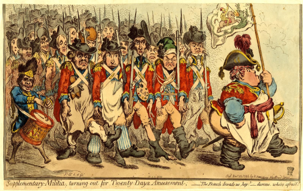 Cartoon illustration of men in military uniforms marching down a street, some holding weapons, with the caption "Supplementary Militia, turning out for twenty-days amusement" at the bottom.