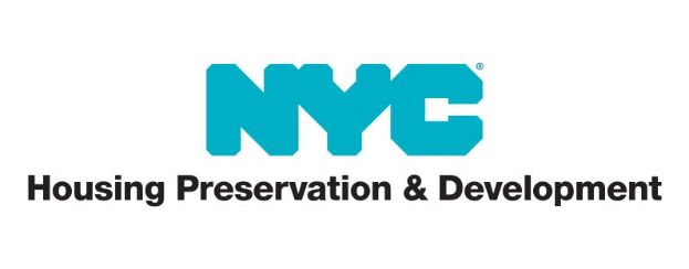 Weißer Hintergrund mit zentrierter fetter schwarzer Schrift "NYC Housing Preservation & Development" in einem modernen Schriftzug, umgeben von einem dünnen schwarzen Rand.